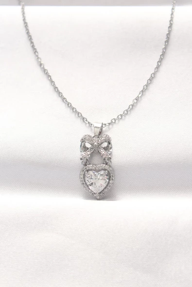 316L Çelik Silver Renk Zirkon Taşlı Kalpli Fiyonk Kolye ürün görseli 1