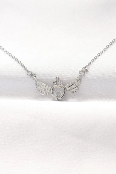 316L Çelik Silver Renk Zirkon Taşlı Kalpli Kanat Kolye ürün görseli 1