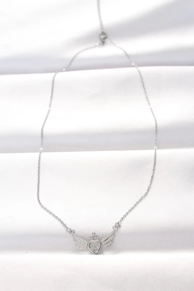 316L Çelik Silver Renk Zirkon Taşlı Kalpli Kanat Kolye - Resim 2