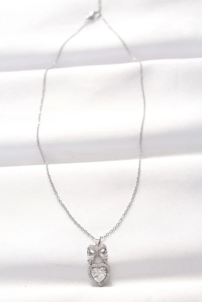 316L Çelik Silver Renk Zirkon Taşlı Kalpli Fiyonk Kolye - Resim 2