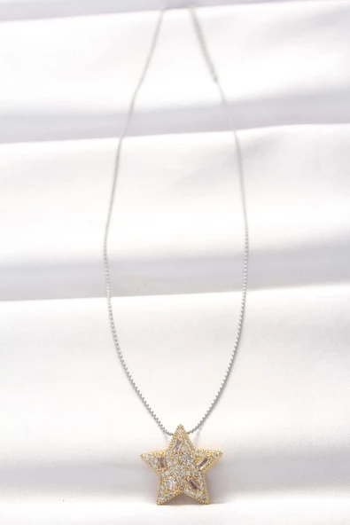 316L Çelik Çift Renk Zirkon Taşlı Yıldız Kolye - Resim 2