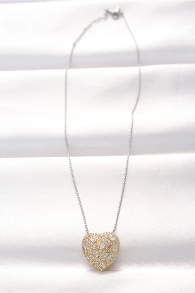 316L Çelik Çift Renk Zirkon Taşlı Kalp Kolye - Resim 2