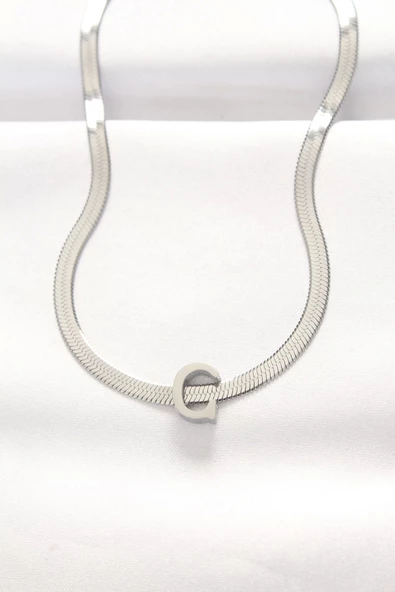 316L Çelik C Harfli Silver Renk İtalyan Zincirli Kolye ürün görseli 1