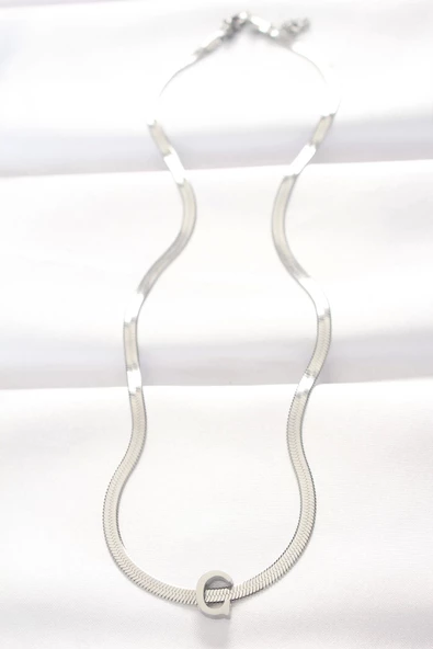 316L Çelik C Harfli Silver Renk İtalyan Zincirli Kolye - Resim 2