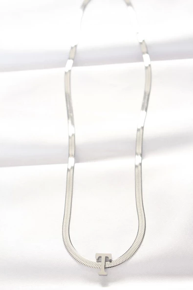 316L Çelik T Harfli Silver Renk İtalyan Zincirli Kolye - Resim 2