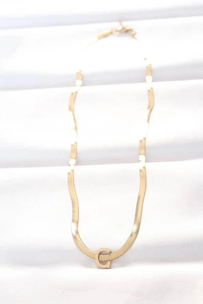 316L Çelik C Harfli Gold Renk İtalyan Zincirli Kolye - Resim 2