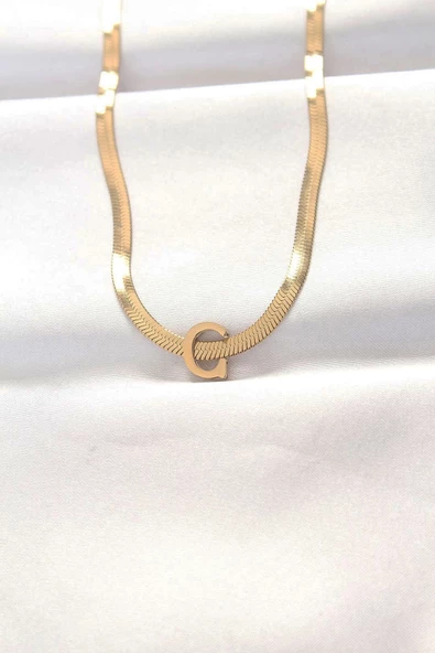 316L Çelik C Harfli Gold Renk İtalyan Zincirli Kolye ürün görseli 1