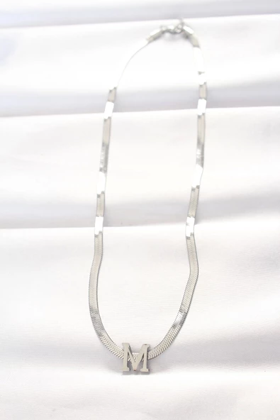316L Çelik M Harfli Silver Renk İtalyan Zincirli Kolye - Resim 2