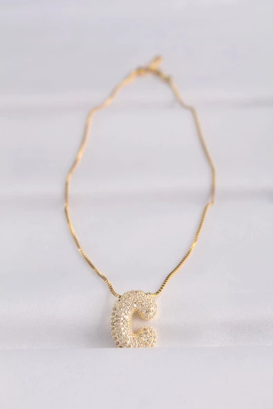 316L Çelik Zincirli Zirkon Taşlı C Harfli Gold Renk Bubble Kolye - 2