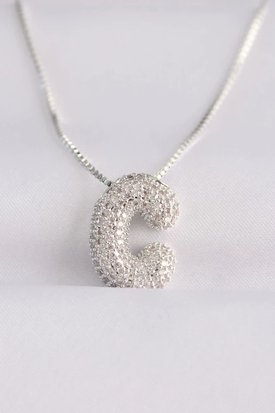 316L Çelik Zincirli Zirkon Taşlı C Harfli Silver Renk Bubble Kolye ürün görseli 1