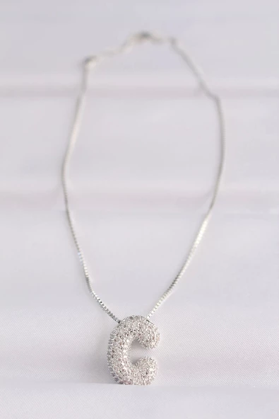 316L Çelik Zincirli Zirkon Taşlı C Harfli Silver Renk Bubble Kolye - Resim 2