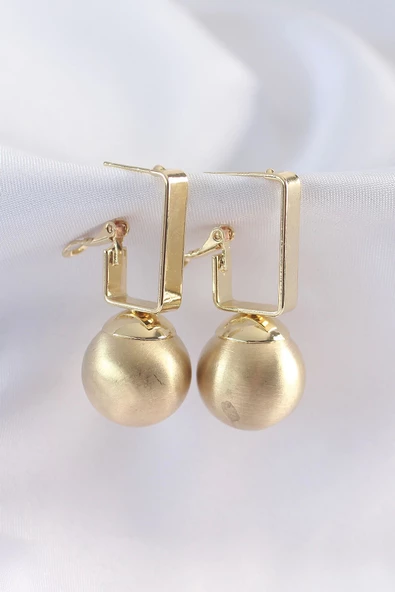 Pirinç Gold Renk Dikdörtgen Detay Oval Küpe ürün görseli 1