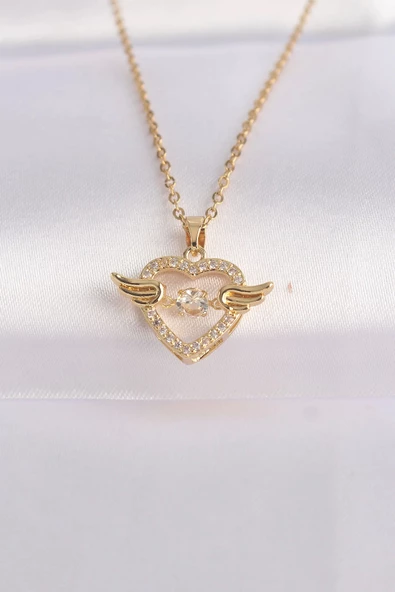 316L Çelik Zincir Altın Renk Zirkon Taşlı Kanatlı Kalp Kolye ürün görseli 1