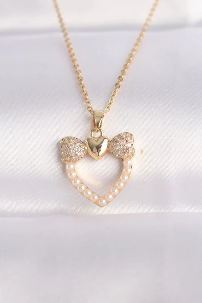 316L Çelik Zincir Altın Renk İnci Taş Detay Zirkon Taşlı Kalp Kolye ürün görseli 1