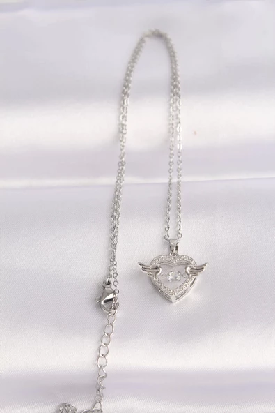 316L Çelik Zincir Gümüş Renk Zirkon Taşlı Kanatlı Kalp Kolye - Resim 2