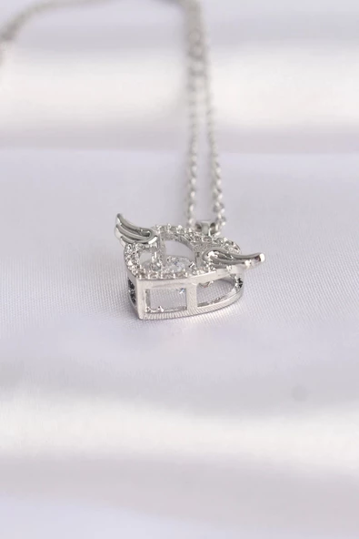 316L Çelik Zincir Gümüş Renk Zirkon Taşlı Kanatlı Kalp Kolye - Resim 3