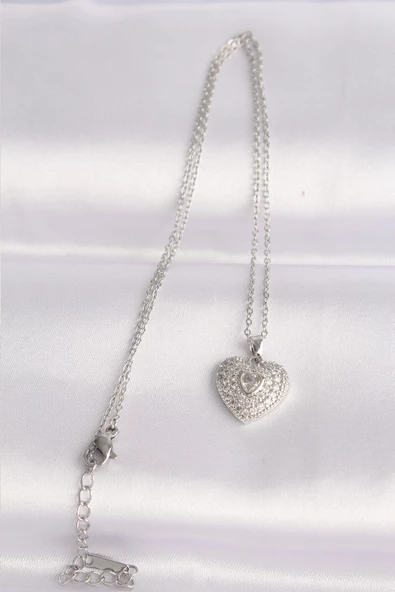 316L Çelik Zincir Gümüş Renk Zirkon Taşlı Kalp Kolye - Resim 2