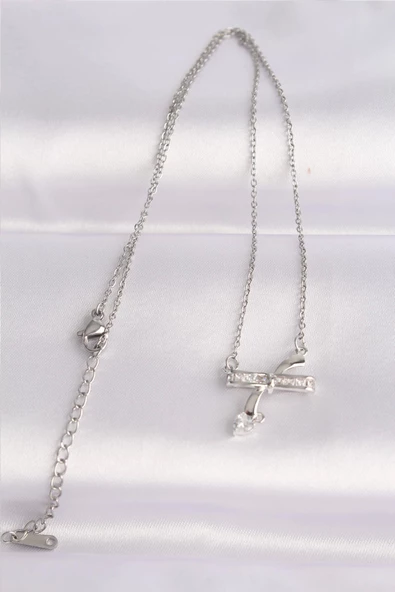 316L Çelik Zincir Gümüş Renk Zirkon Taşlı Kalp Detay Fiyonk Kolye - Resim 2