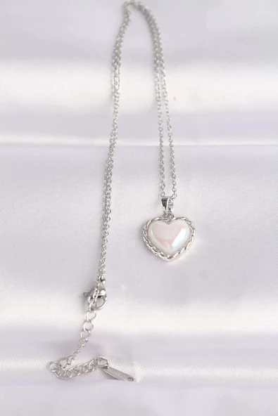 316L Çelik Zincir Gümüş Renk Beyaz Taşlı Bombeli Kalp Kolye - Resim 2