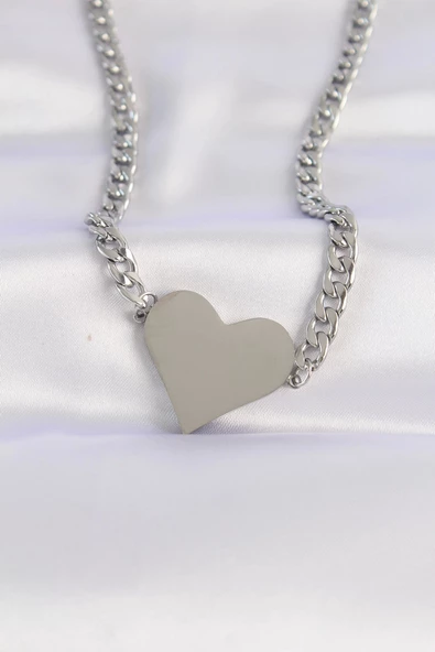 316L Çelik Zincir Gümüş Renk Düz Plaka Kalp Kolye ürün görseli 1