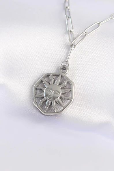 316L Çelik Zincir Gümüş Renk Güneş Kolye ürün görseli 1