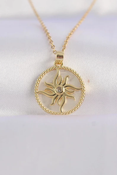 316L Çelik Zincir Altın Renk Zirkon Taşlı Oval Tasarım Güneş Kolye ürün görseli 1