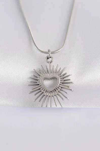 316L Çelik Zincir Gümüş Renk Kalp Güneşi Tasarımlı Kolye ürün görseli 1