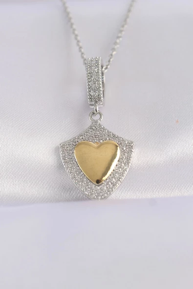 316L Çelik Zincir Gümüş Renk Zirkon Taşlı Tasarım Altın Renk Kalp Kolye ürün görseli 1