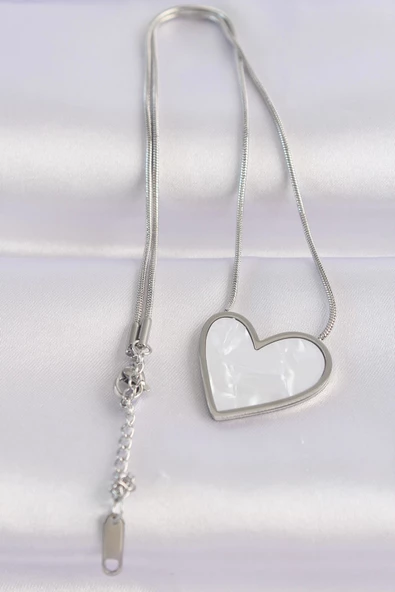 316L Çelik Zincir Gümüş Renk Mermer Desenli Kalp Kolye - Resim 2
