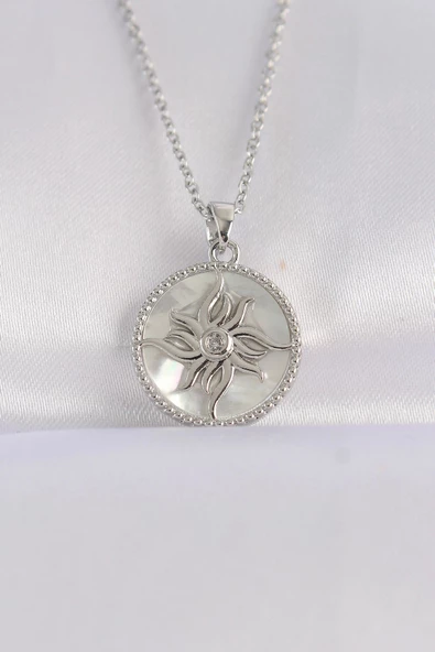 316L Çelik Zincir Gümüş Renk Oval Tasarımlı Güneş Kolye ürün görseli 1