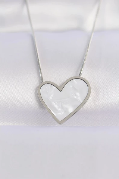 316L Çelik Zincir Gümüş Renk Mermer Desenli Kalp Kolye ürün görseli 1