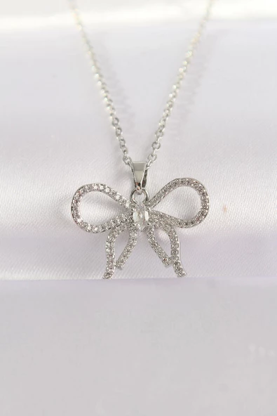 316L Çelik Zincir Gümüş Renk Zirkon Taşlı Fiyonk Kolye ürün görseli 1