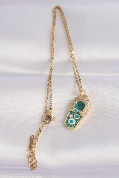 316L Çelik Zincir Zirkon Taşlı Altın Renk Nazarlı Terlik Tasarımlı Kolye - Resim 2