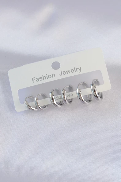 Pirinç Gümüş Renk Oval Bombeli Küpe Seti ürün görseli 1