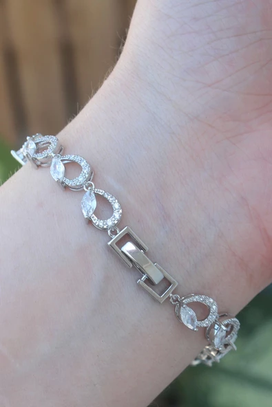 Vip Seri Pirinç Zirkon Taşlı Gümüş Renk Arpa Model Bileklik - Resim 2