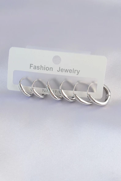 Pirinç Gümüş Renk Oval Küpe Seti - Resim 2