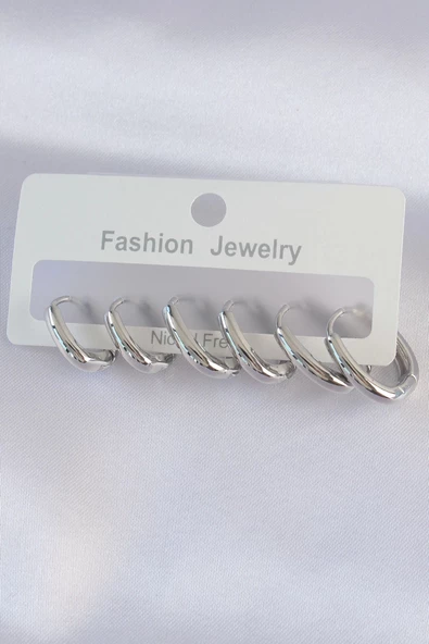 Pirinç Gümüş Renk Oval Küpe Seti ürün görseli 1
