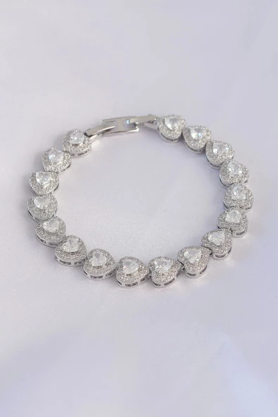 Vip Seri Pirinç Zirkon Taşlı Gümüş Renk Kalp Model Bileklik ürün görseli 1