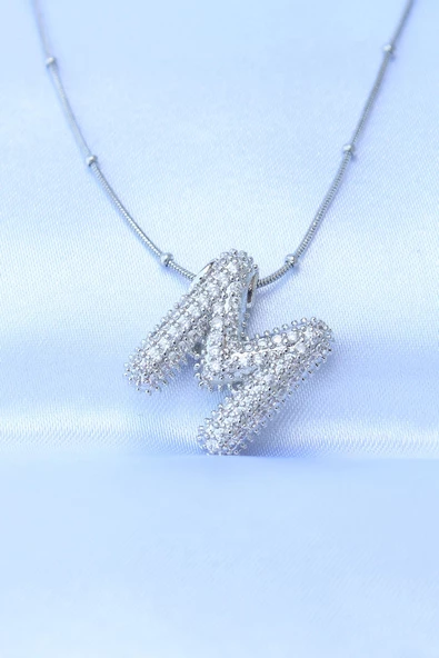 316L Çelik Zincirli Zirkon Taşlı M Harfli Gümüş Renk Bubble Kolye ürün görseli 1