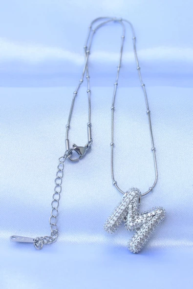 316L Çelik Zincirli Zirkon Taşlı M Harfli Gümüş Renk Bubble Kolye - Resim 2