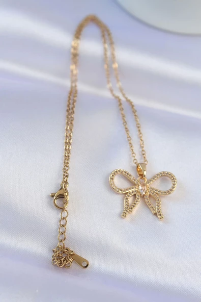 316L Çelik Zincir Gold Renk Zirkon Taşlı Fiyonk Kolye - Resim 2