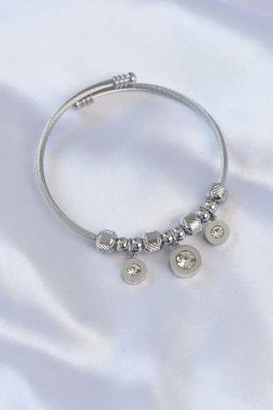 316L Çelik Gümüş Renk Zirkon Taşlı Model Charm Bileklik ürün görseli 1