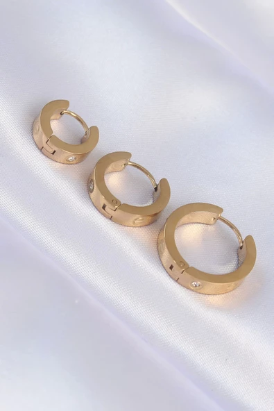 316L Çelik Gold Renk Zirkon Taşlı Model 3lü Halka Küpe ürün görseli 1