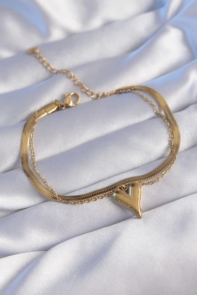 316L Çelik Gold Renk İtalyan Zincirli Kalp Model Bileklik ürün görseli 1