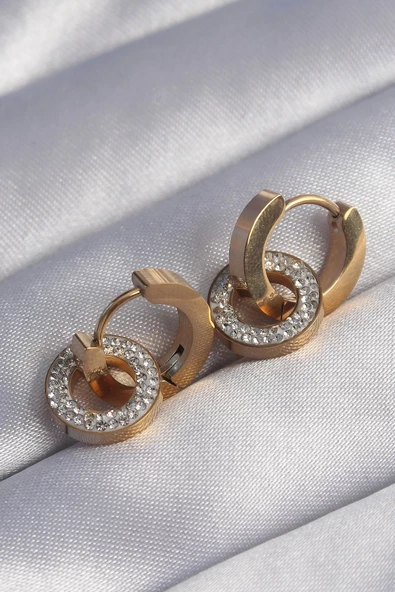 316L Çelik Gold Renk Zirkon Taşlı İç İçe Geçmeli Oval Küpe ürün görseli 1