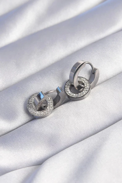 316L Çelik Gümüş Renk Zirkon Taşlı İç İçe Geçmeli Oval Küpe - Resim 2