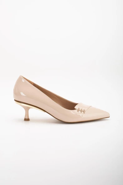 Büyük Numara Rugan Taşlı Yan Yüzlü Ten Kadın Kısa Topuklu Ayakkabı - Resim 3