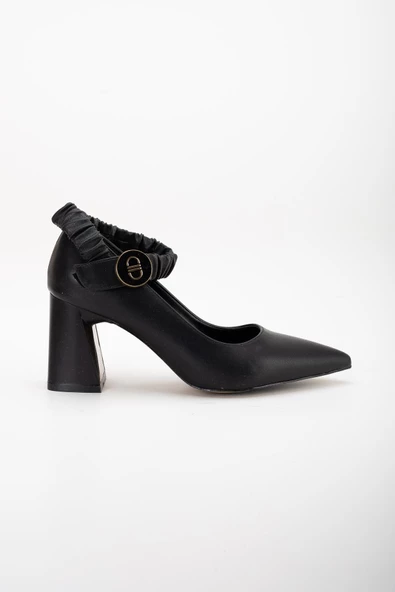 Bilek Elastik Bantlı Suni Deri Siyah Kadın Kalın Topuklu Ayakkabı Stiletto - Resim 3