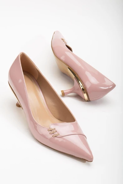 Büyük Numara Rugan Taşlı Yan Yüzlü Pudra Kadın Kısa Topuklu Ayakkabı ürün görseli