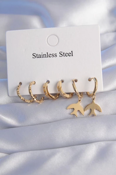 316L Çelik Gold Renk Oval Tasarım Kuş Model Küpe Seti ürün görseli 1